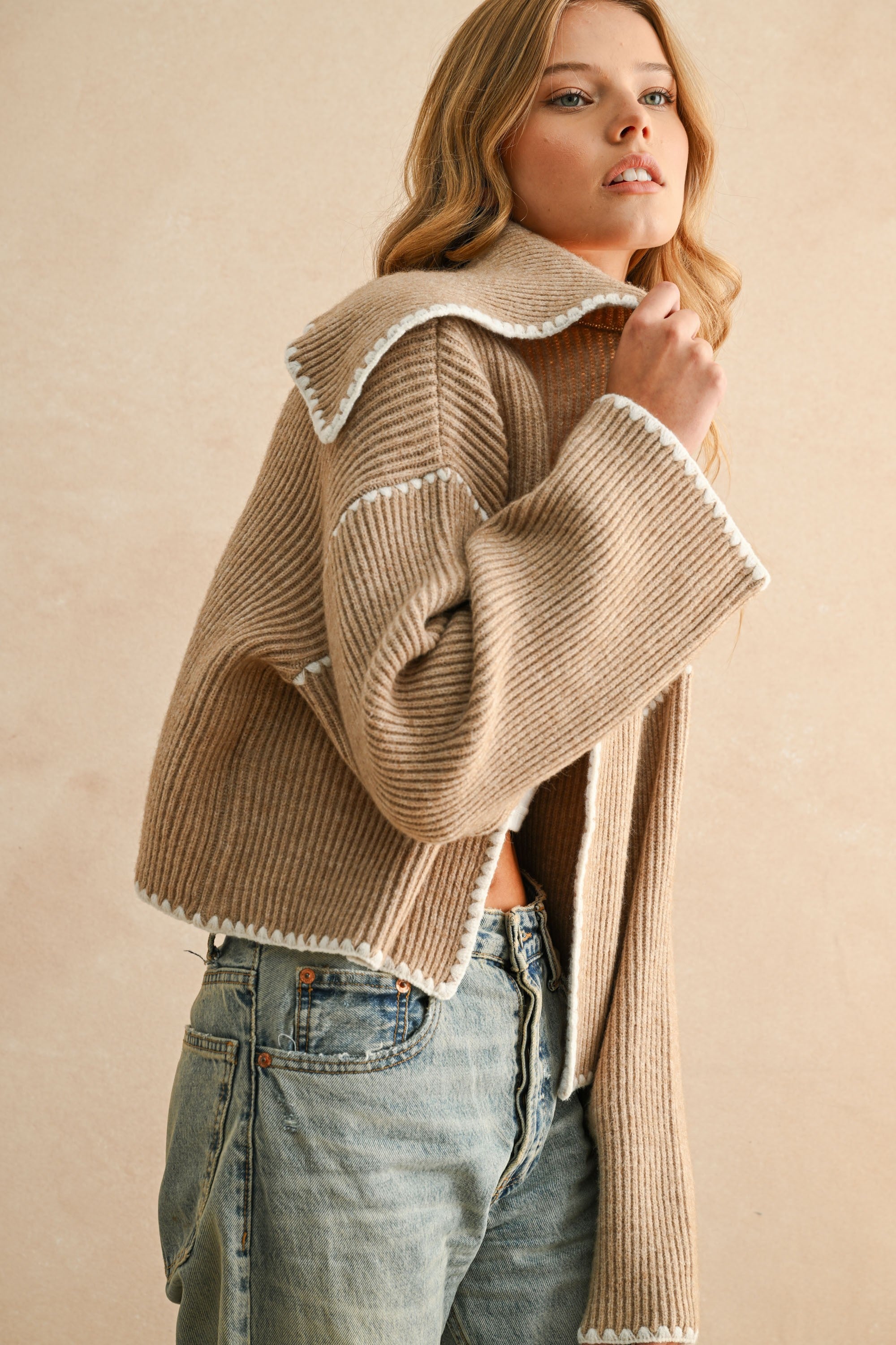 Stitch Detailed Cardigan - Beige