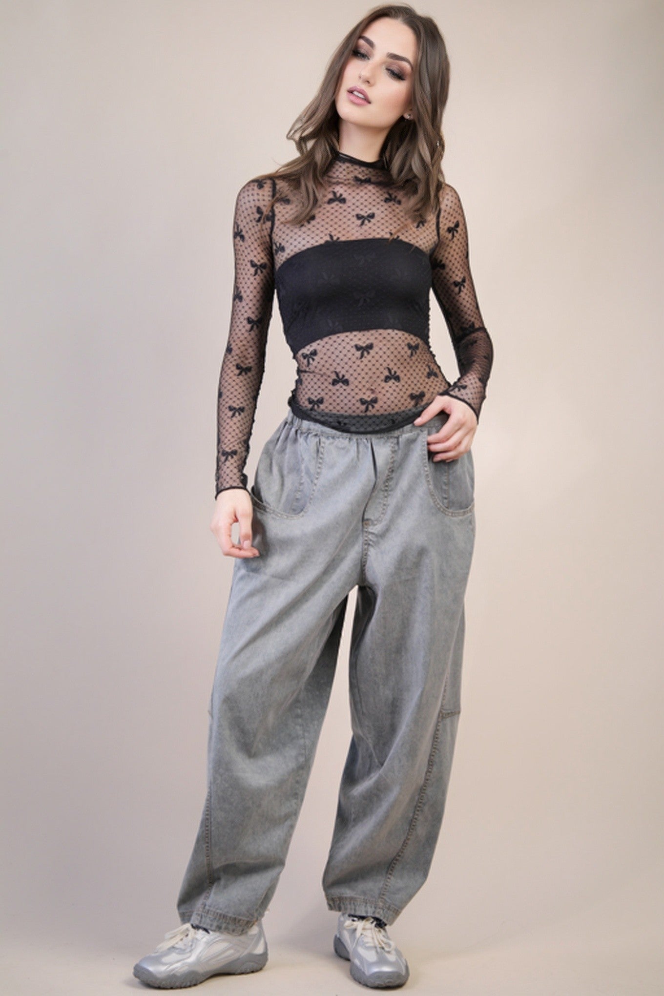 High Neck Sheer Lace Top - Black Bow