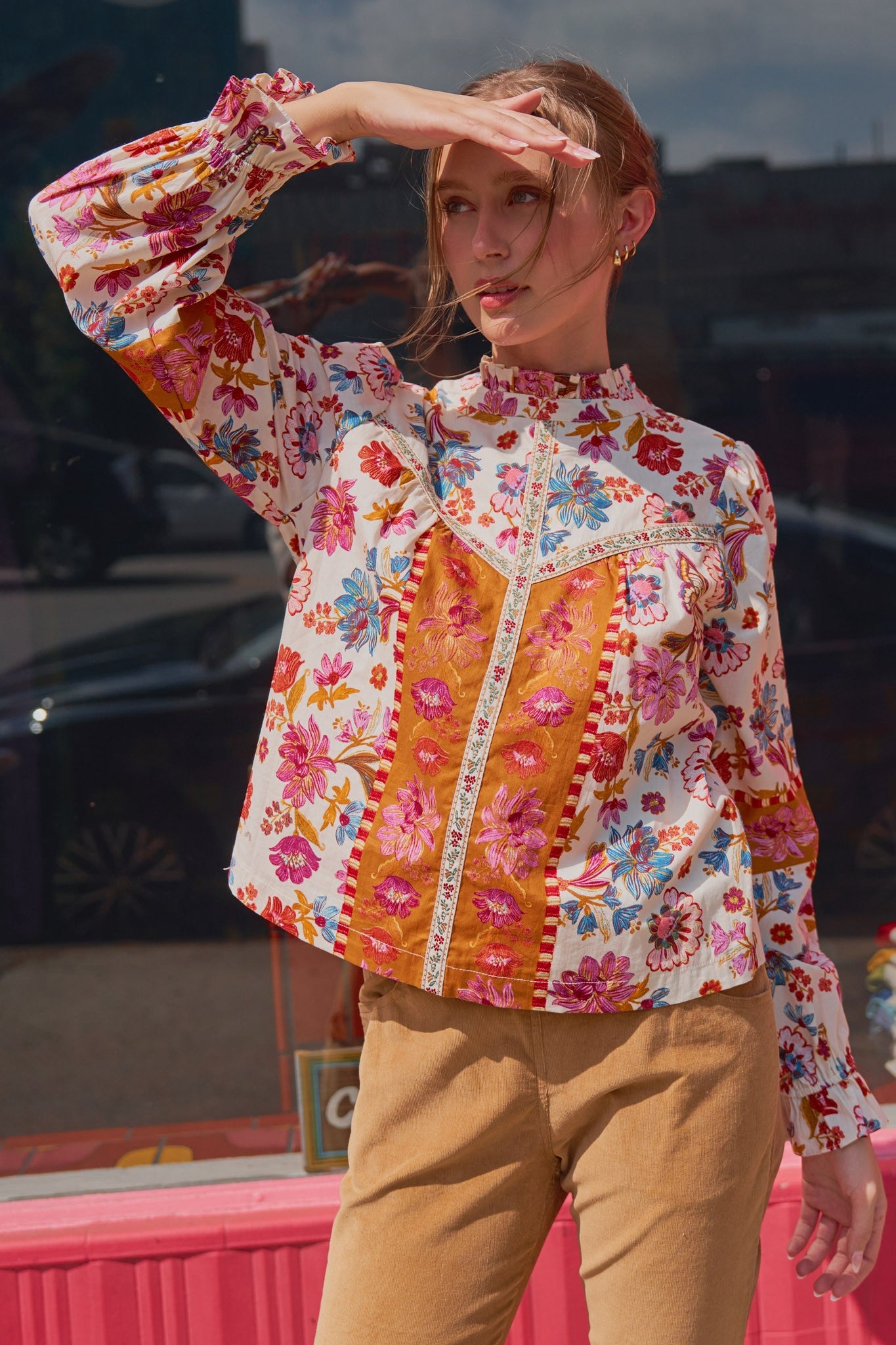 Floral Border Top - Ivory