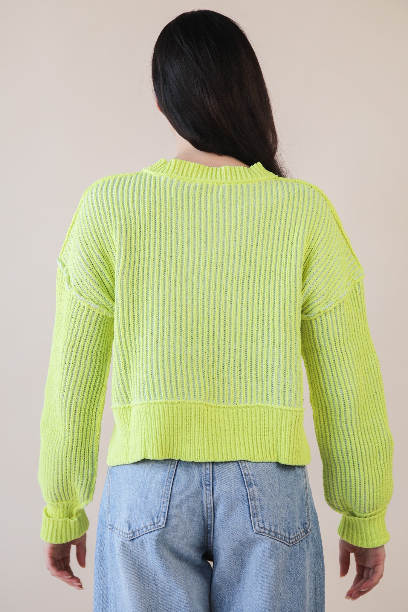 Two Tone Striped Sweater Top - Lemon