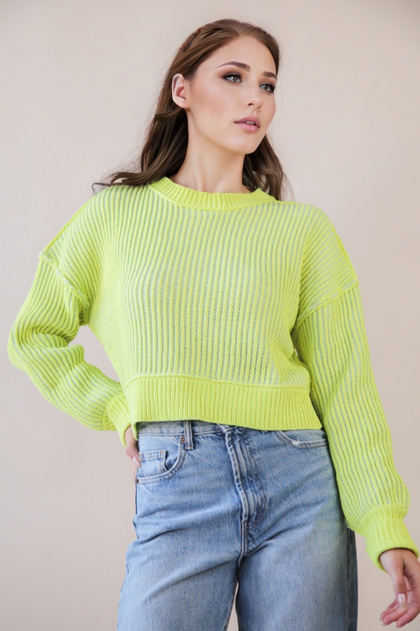 Two Tone Striped Sweater Top - Lemon
