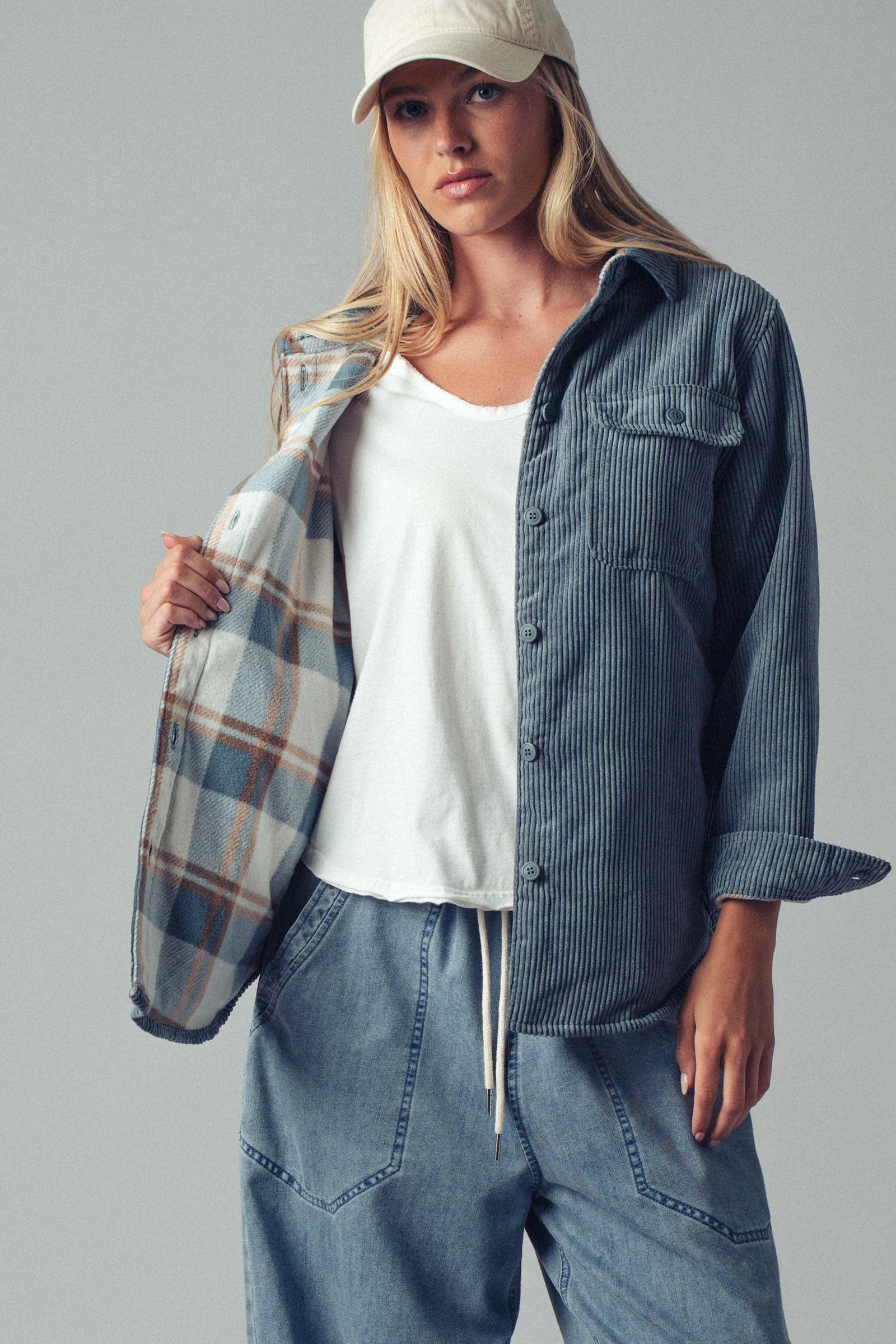 Flannel Shacket w/Pockets - Blue Stone