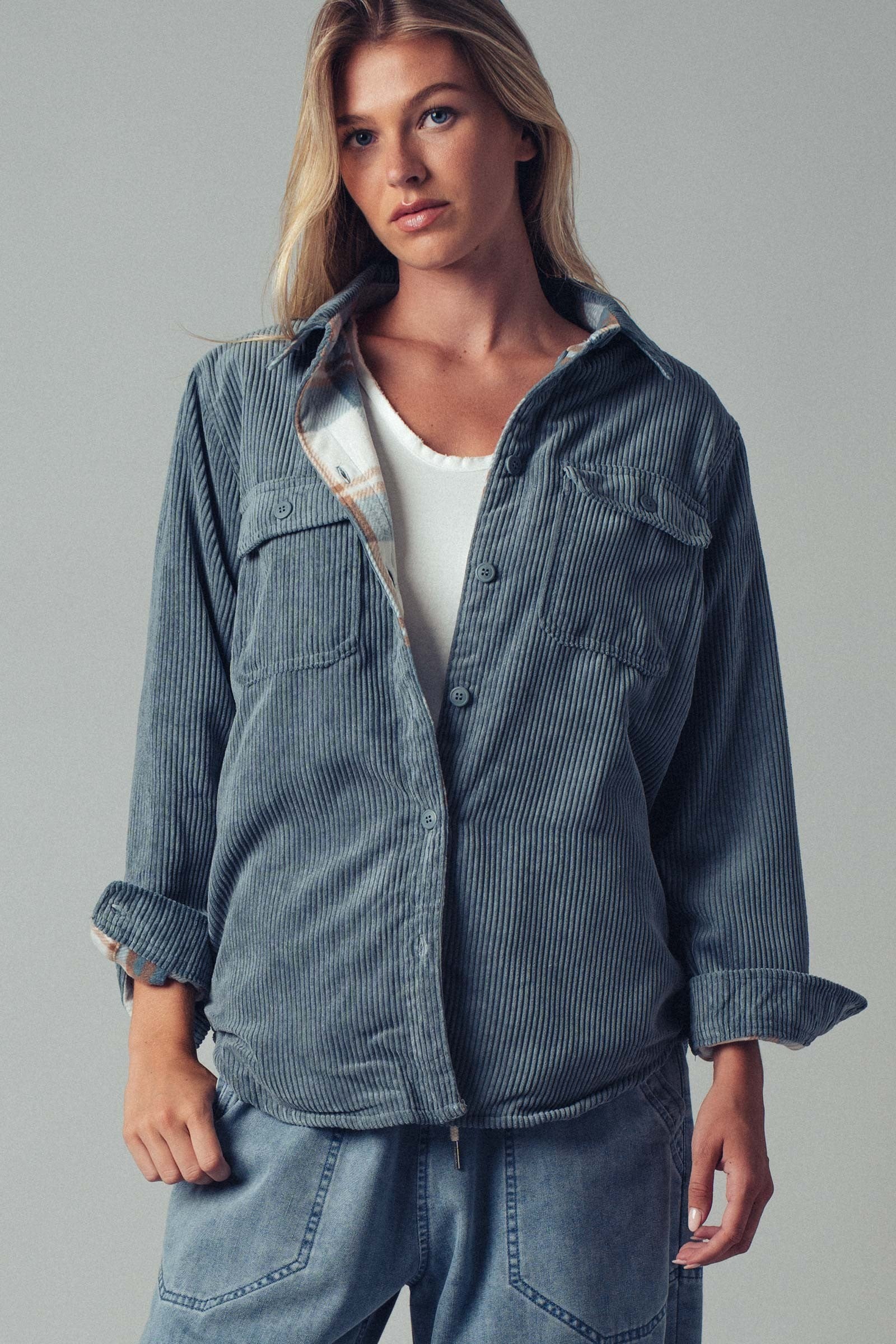 Flannel Shacket w/Pockets - Blue Stone