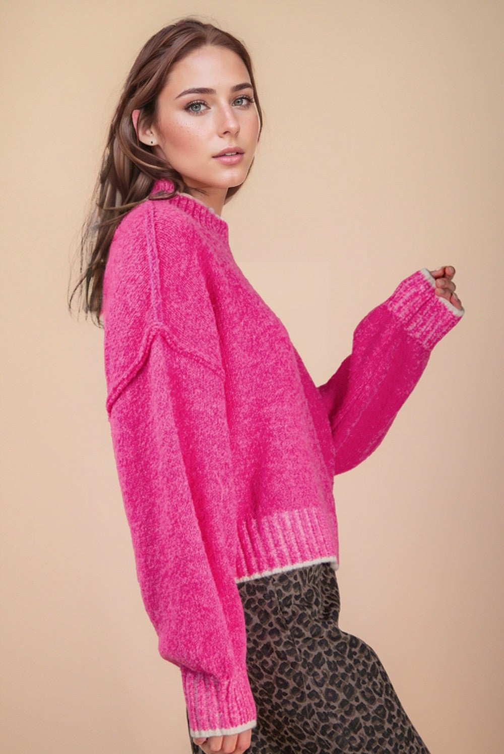 Oversized Mock Neck Sweater - Hot Pink
