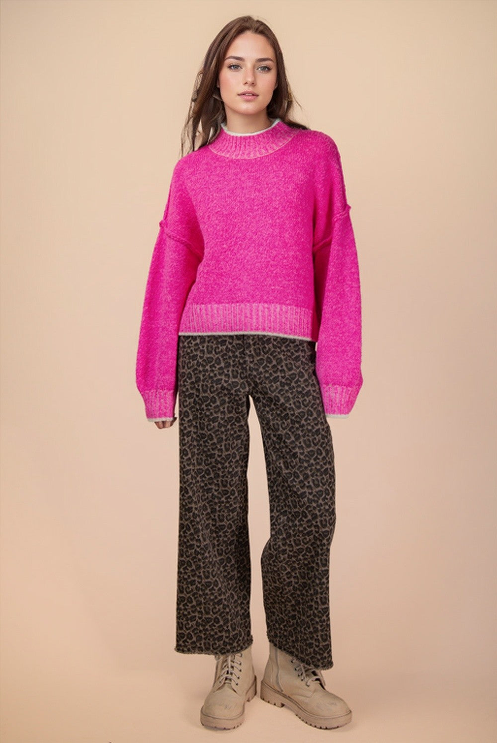 Oversized Mock Neck Sweater - Hot Pink