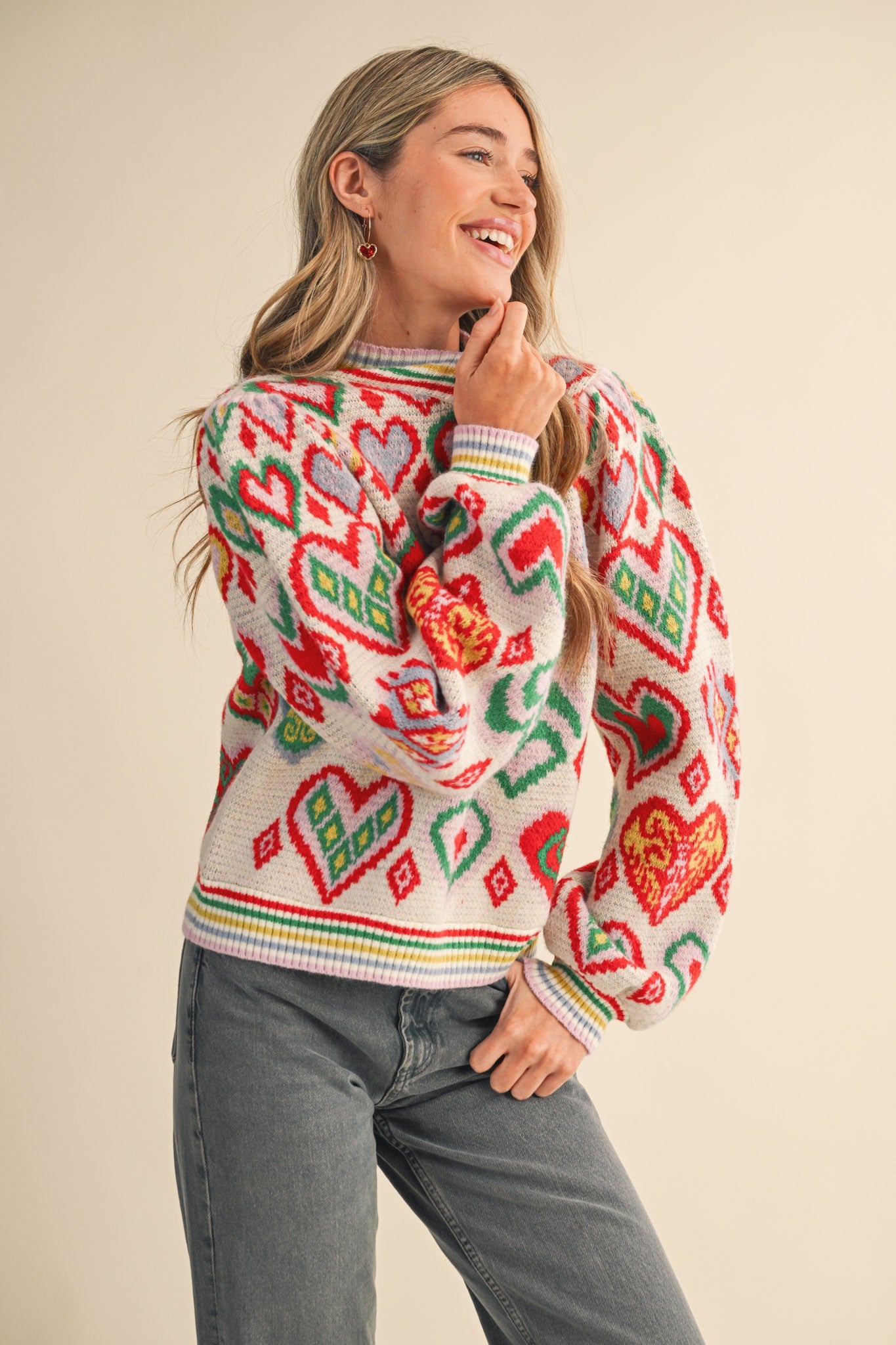 Heart Pattern Balloon Sleeve Sweater - Pink