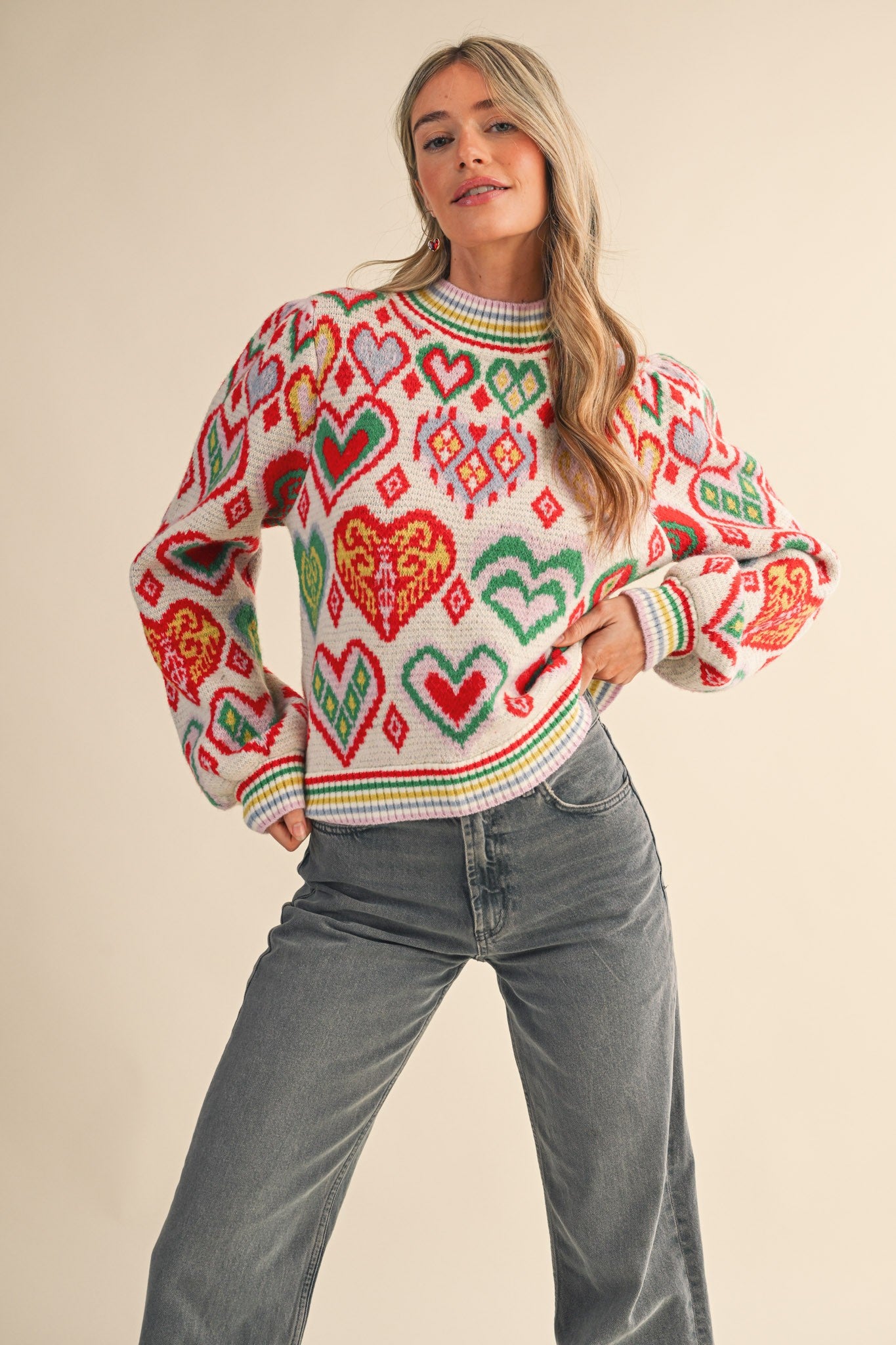Heart Pattern Balloon Sleeve Sweater - Pink