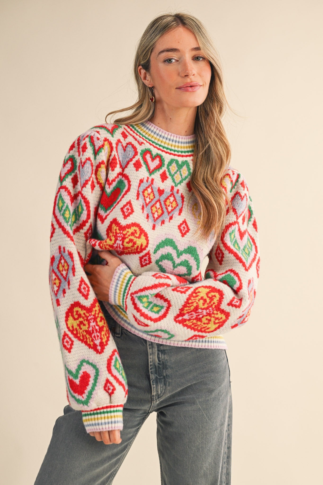 Heart Pattern Balloon Sleeve Sweater - Pink