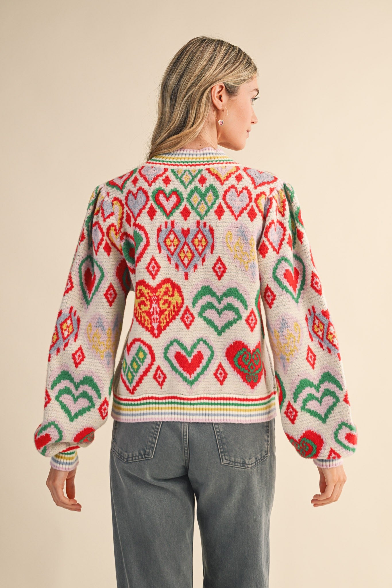 Heart Pattern Balloon Sleeve Sweater - Pink