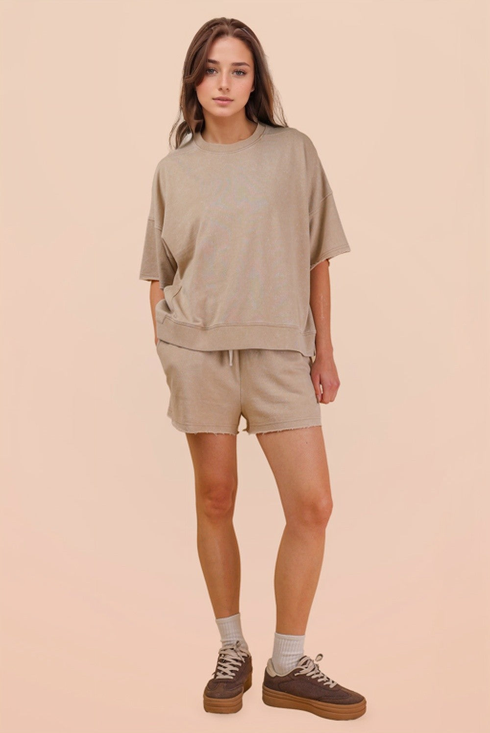 Mineral Washed Knit Casual Top & Shorts