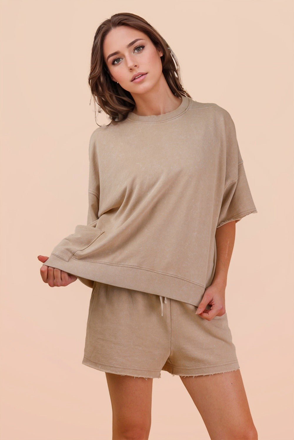 Mineral Washed Knit Casual Top & Shorts