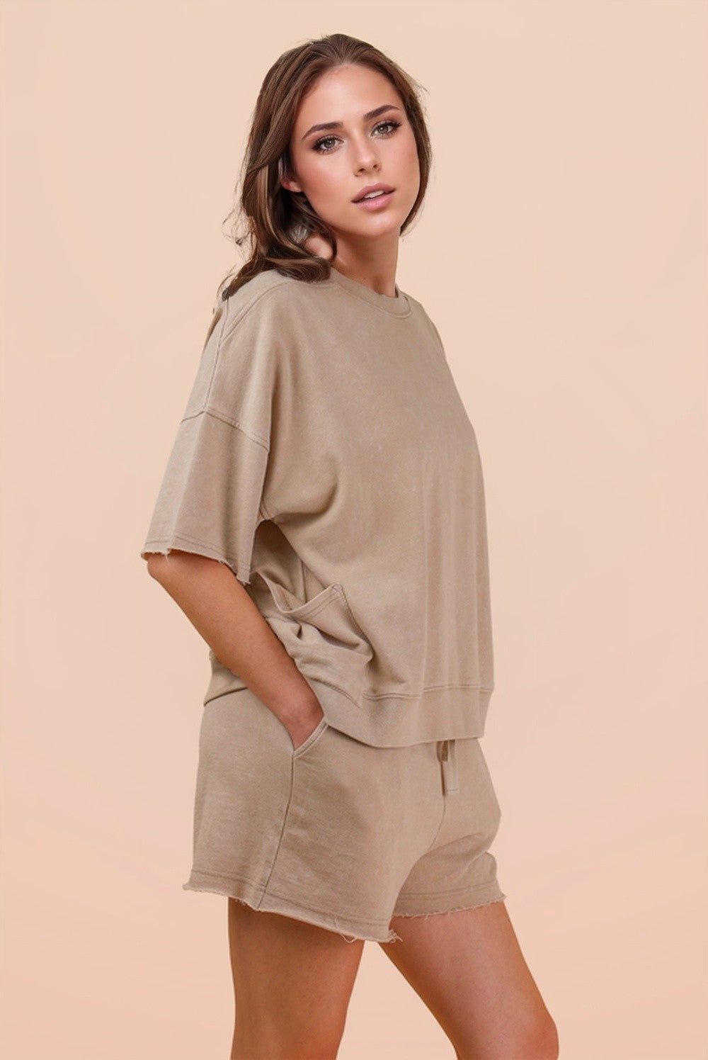 Mineral Washed Knit Casual Top & Shorts