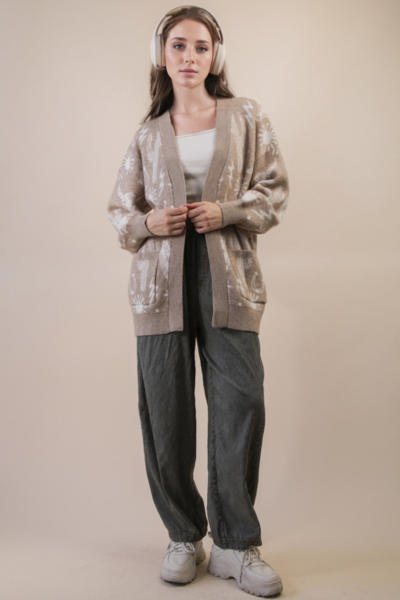 Oversized Western Graphic Knit Cardigan - Mocha