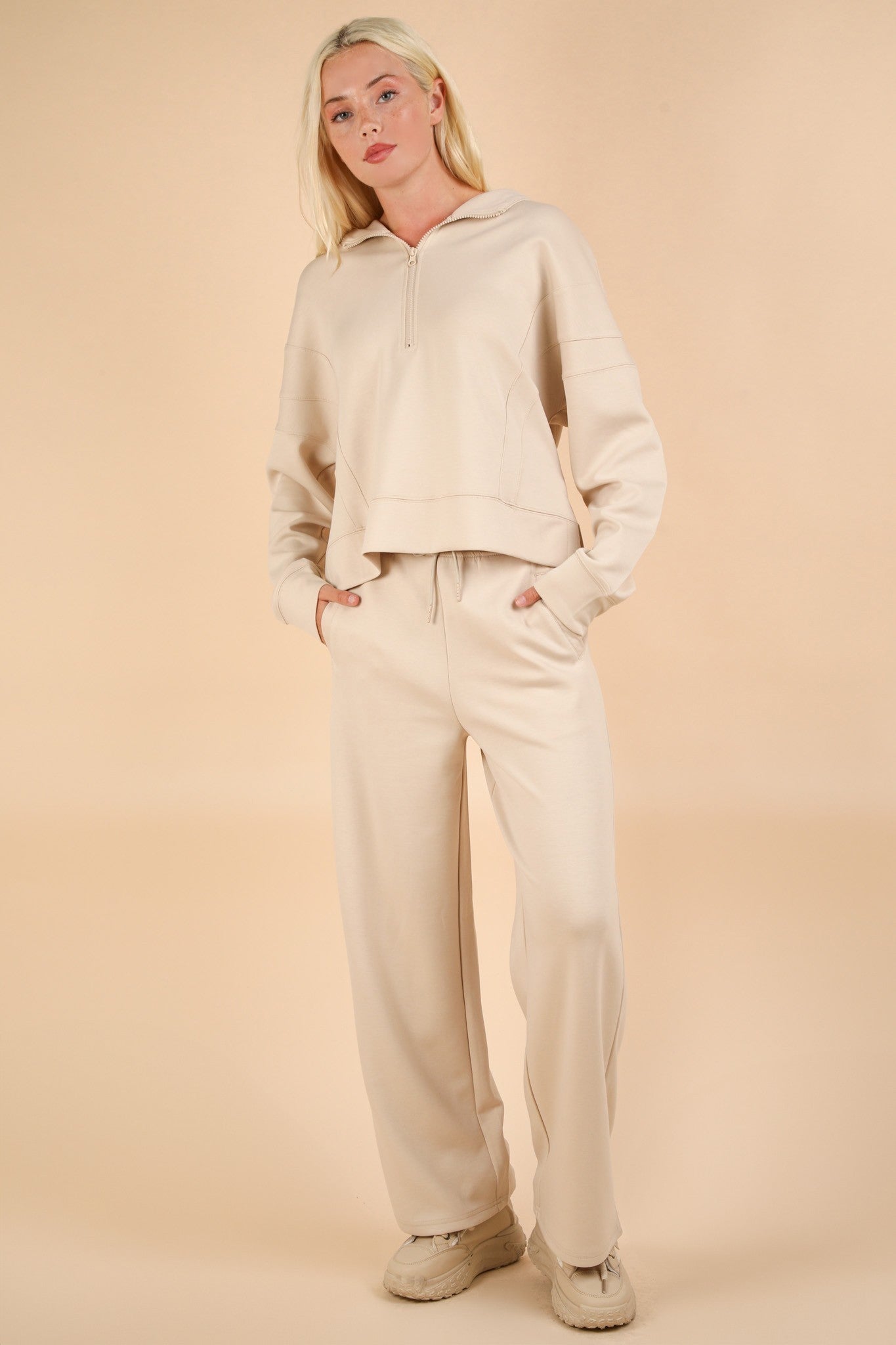 Oversized Knit Loungewear Top & Pants Set - Ecru