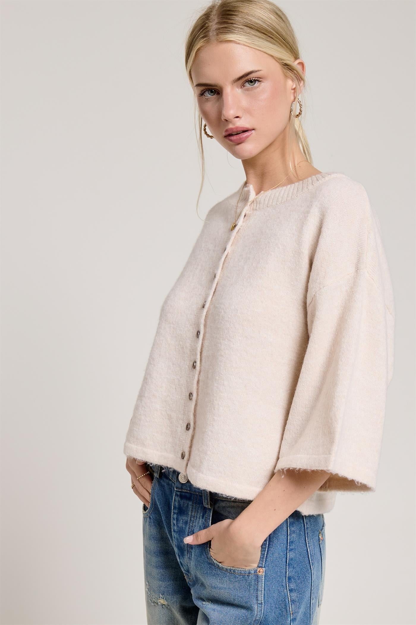 Button Front Short Sleeve Knit Cardigan - Beige