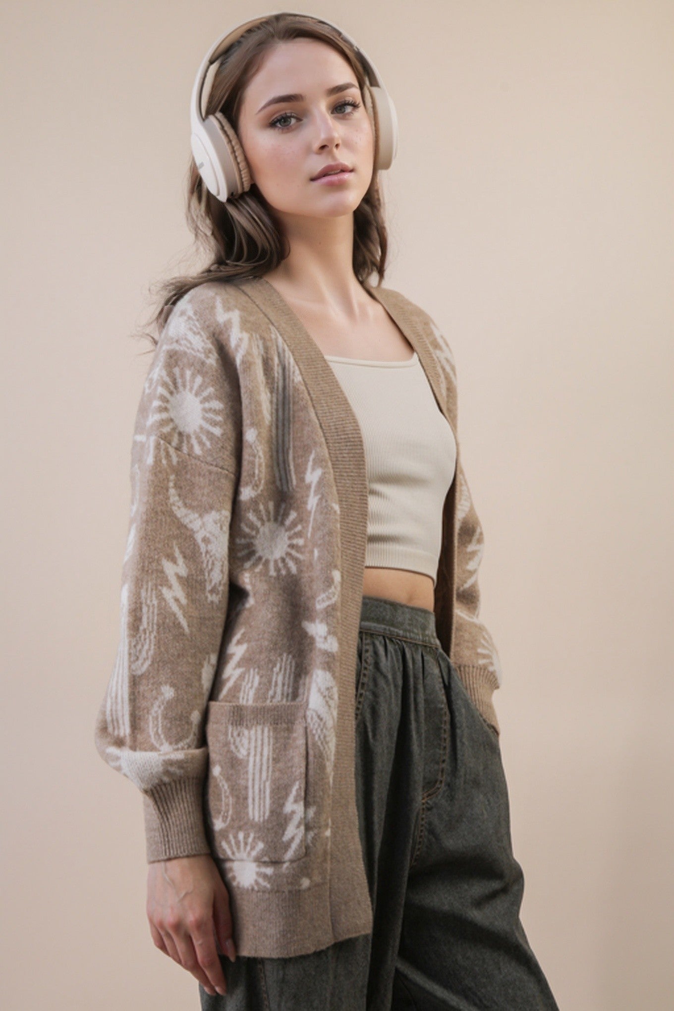 Oversized Western Graphic Knit Cardigan - Mocha