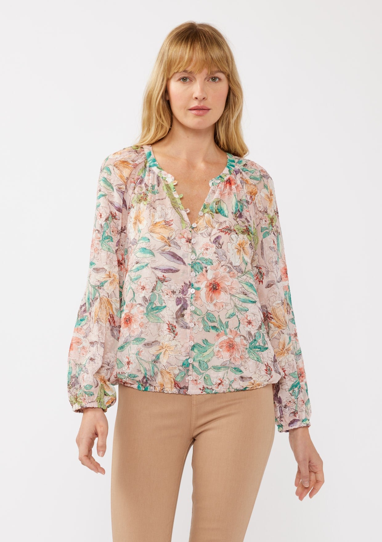 Floral Button-Down Chiffon Blouse