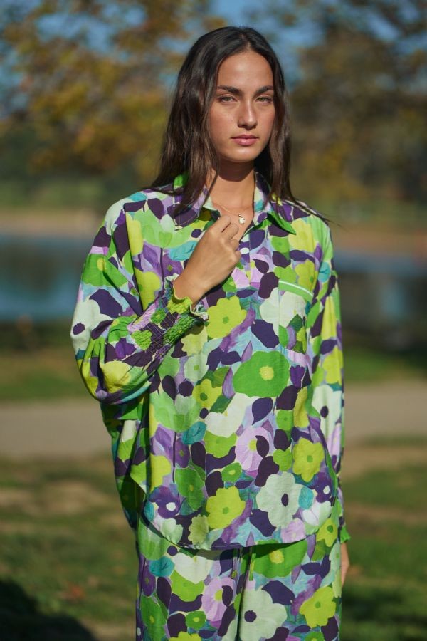 Groovy Floral Collared Blouse - Lime