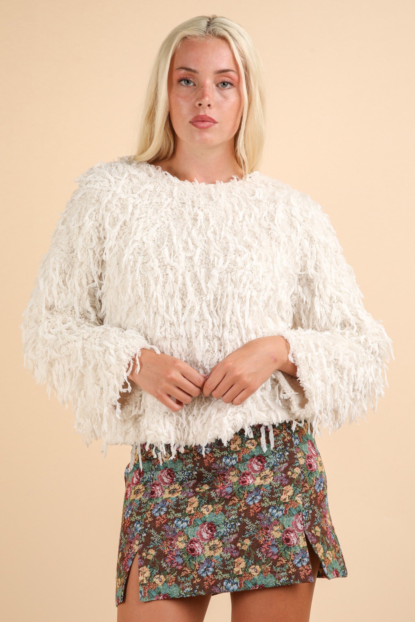 Holiday Fur Knit Top with Back Velvet Ribbon - Ivory