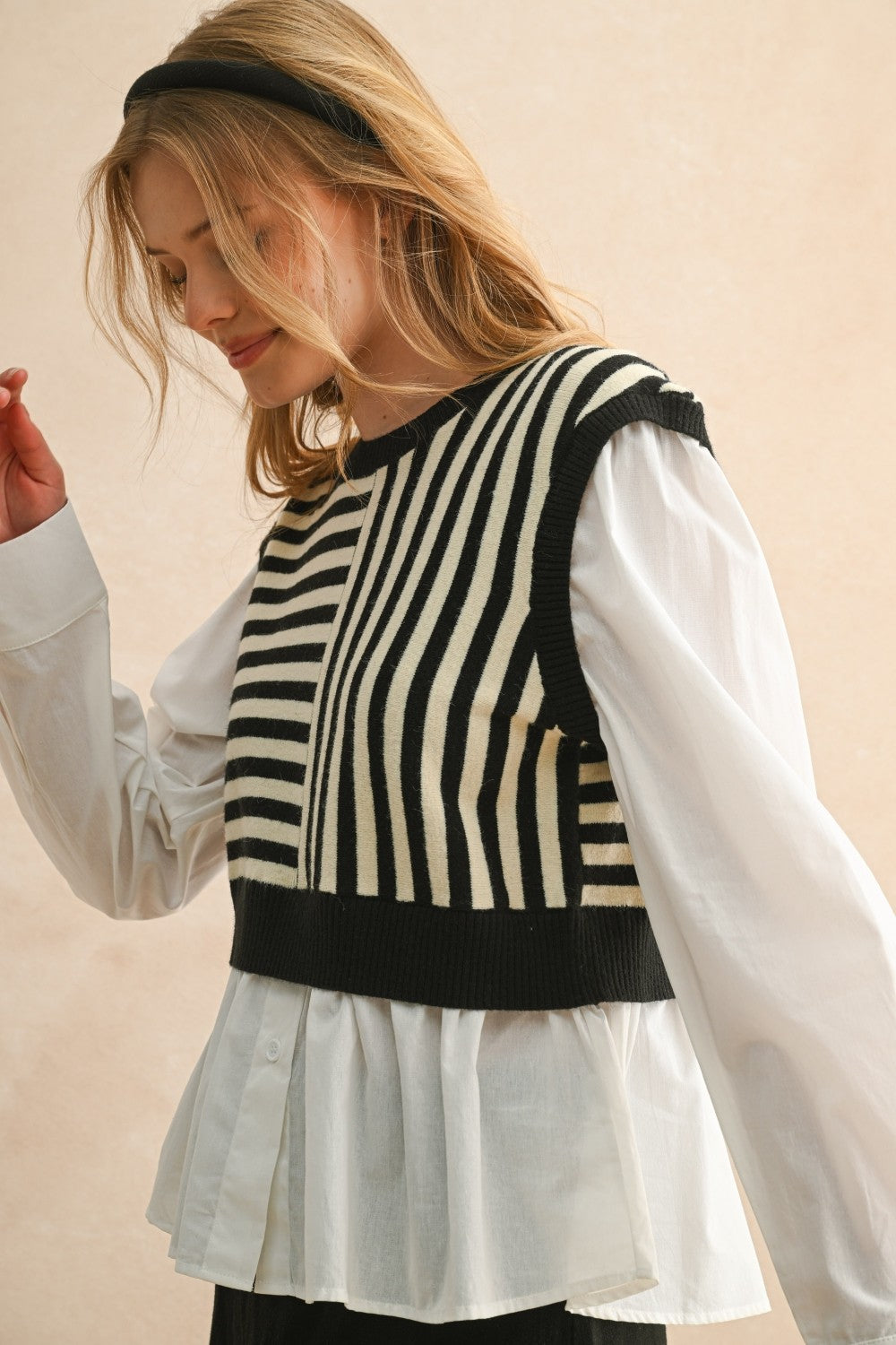 Stripe Pattern Sweater/Blouse Combo - Black/White