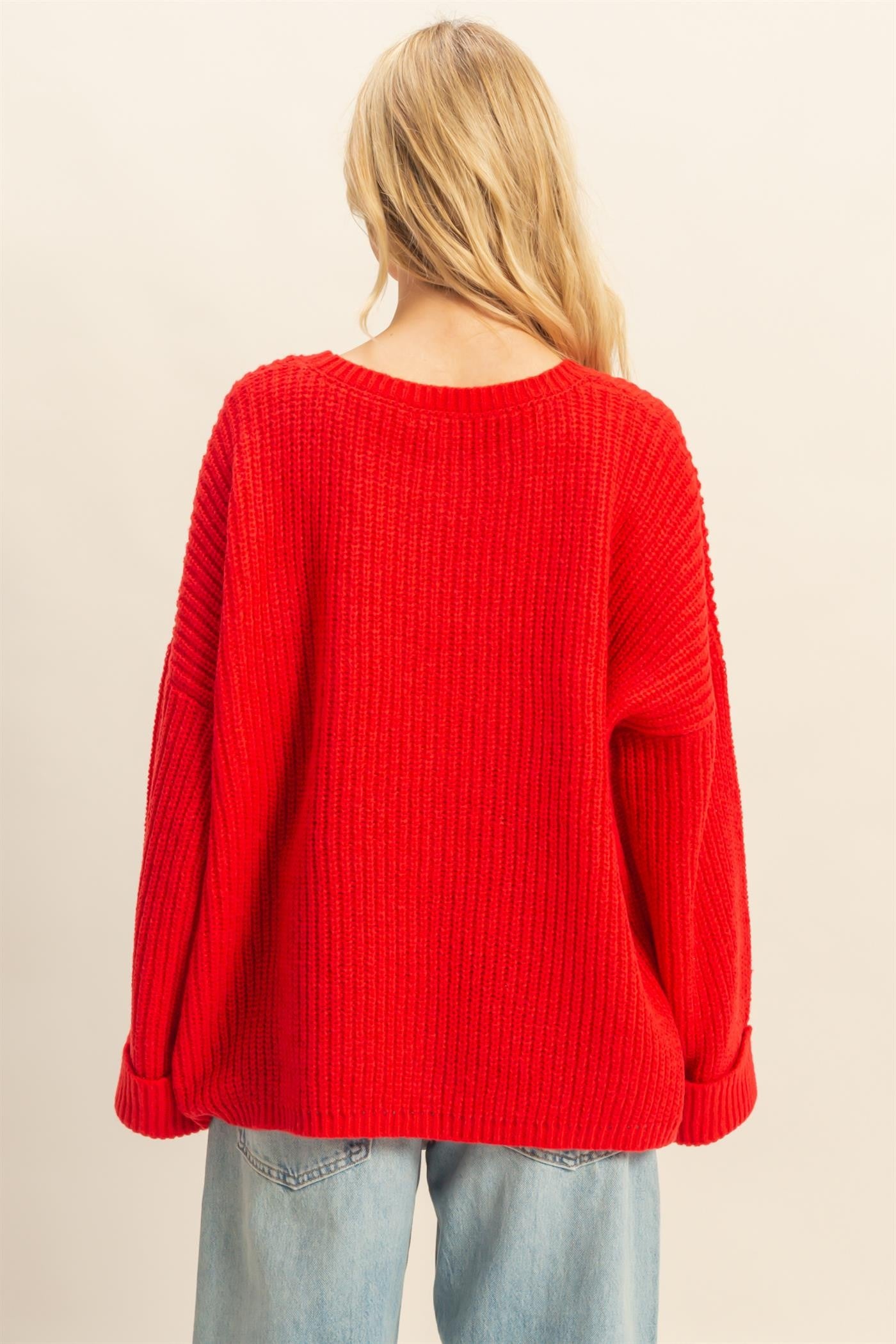 Oversized Ribbed Knit Sweater - Red
