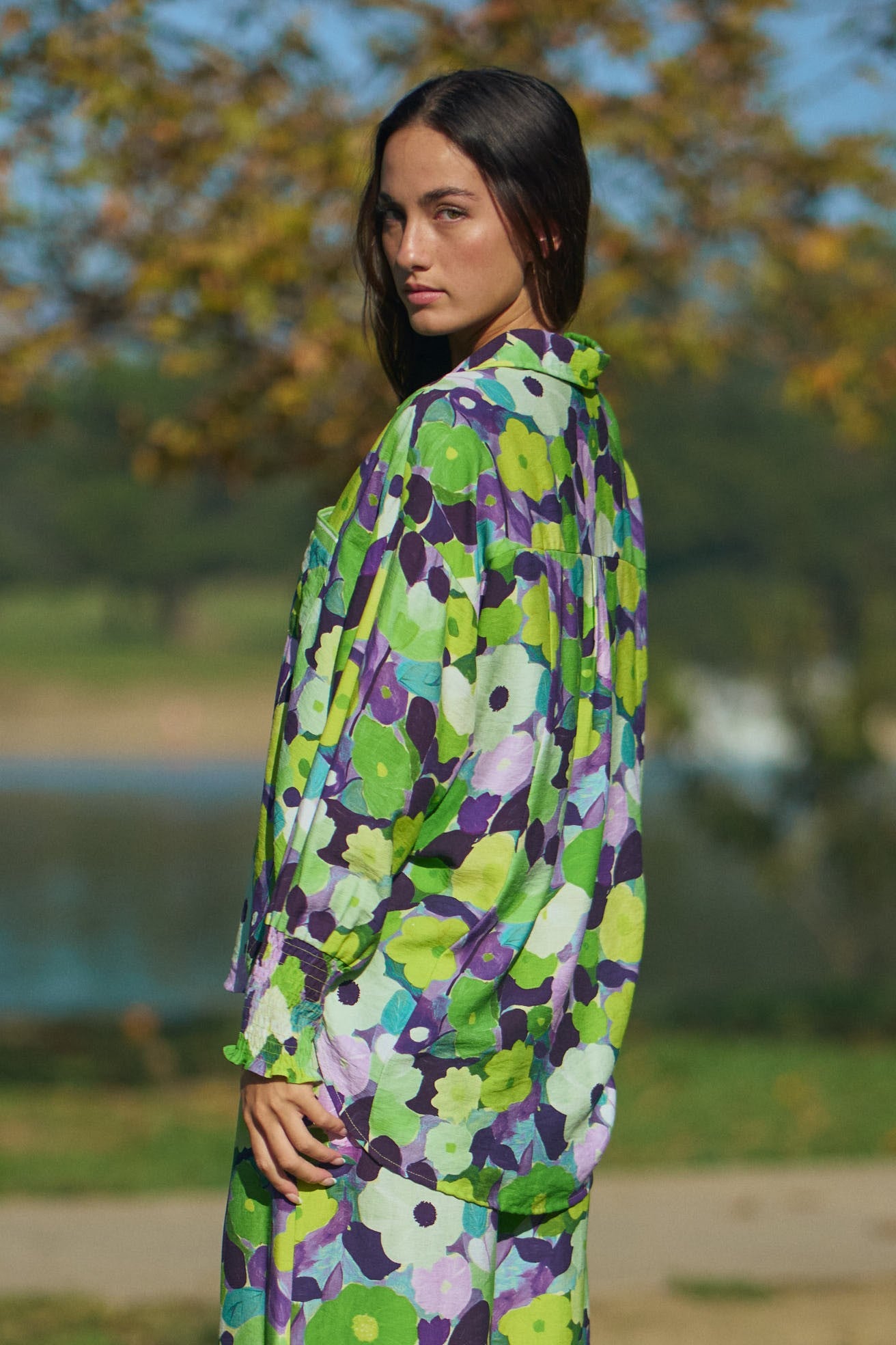 Groovy Floral Collared Blouse - Lime