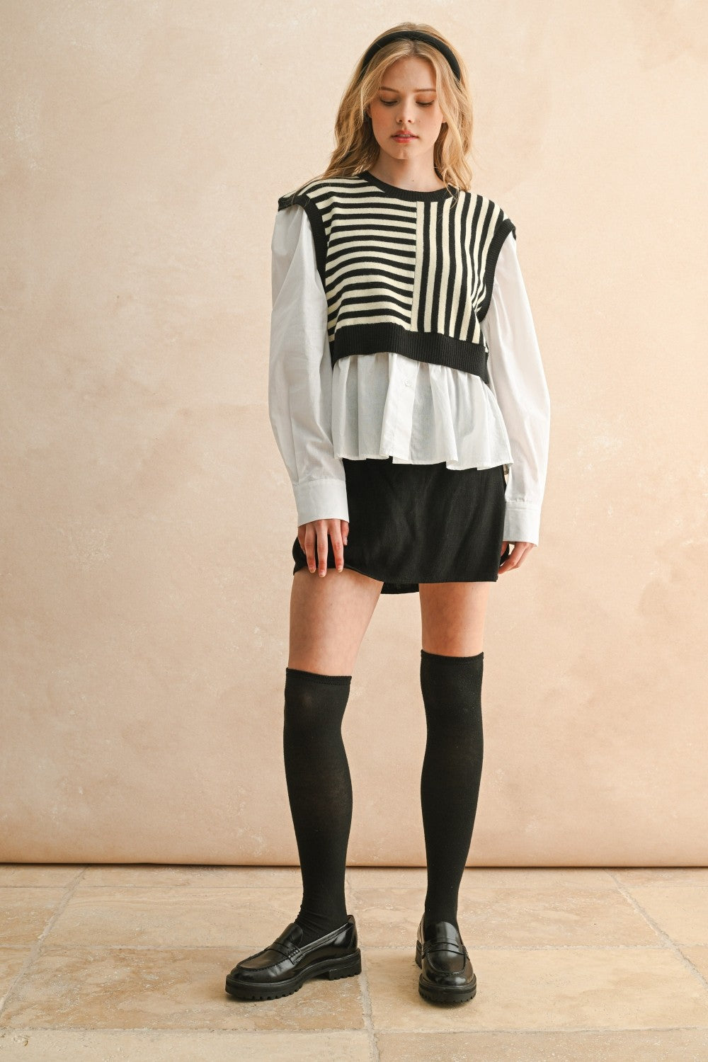 Stripe Pattern Sweater/Blouse Combo - Black/White