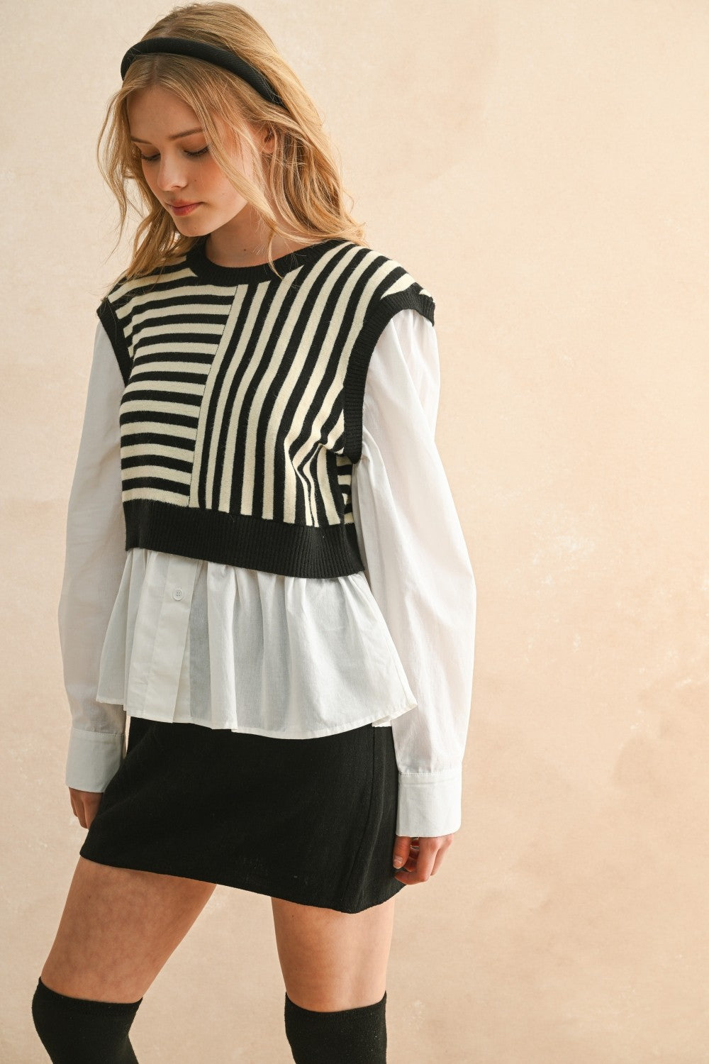 Stripe Pattern Sweater/Blouse Combo - Black/White