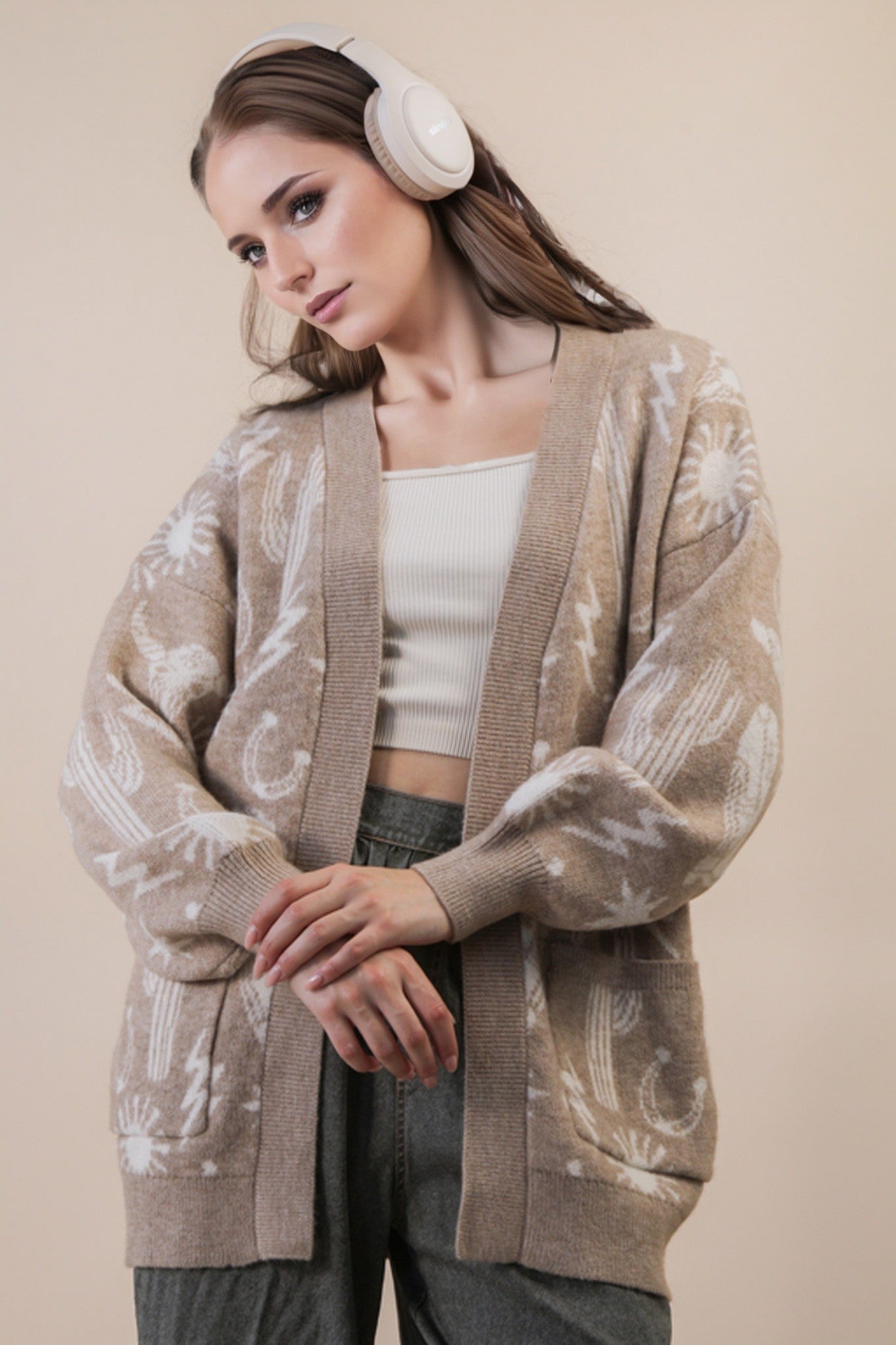 Oversized Western Graphic Knit Cardigan - Mocha