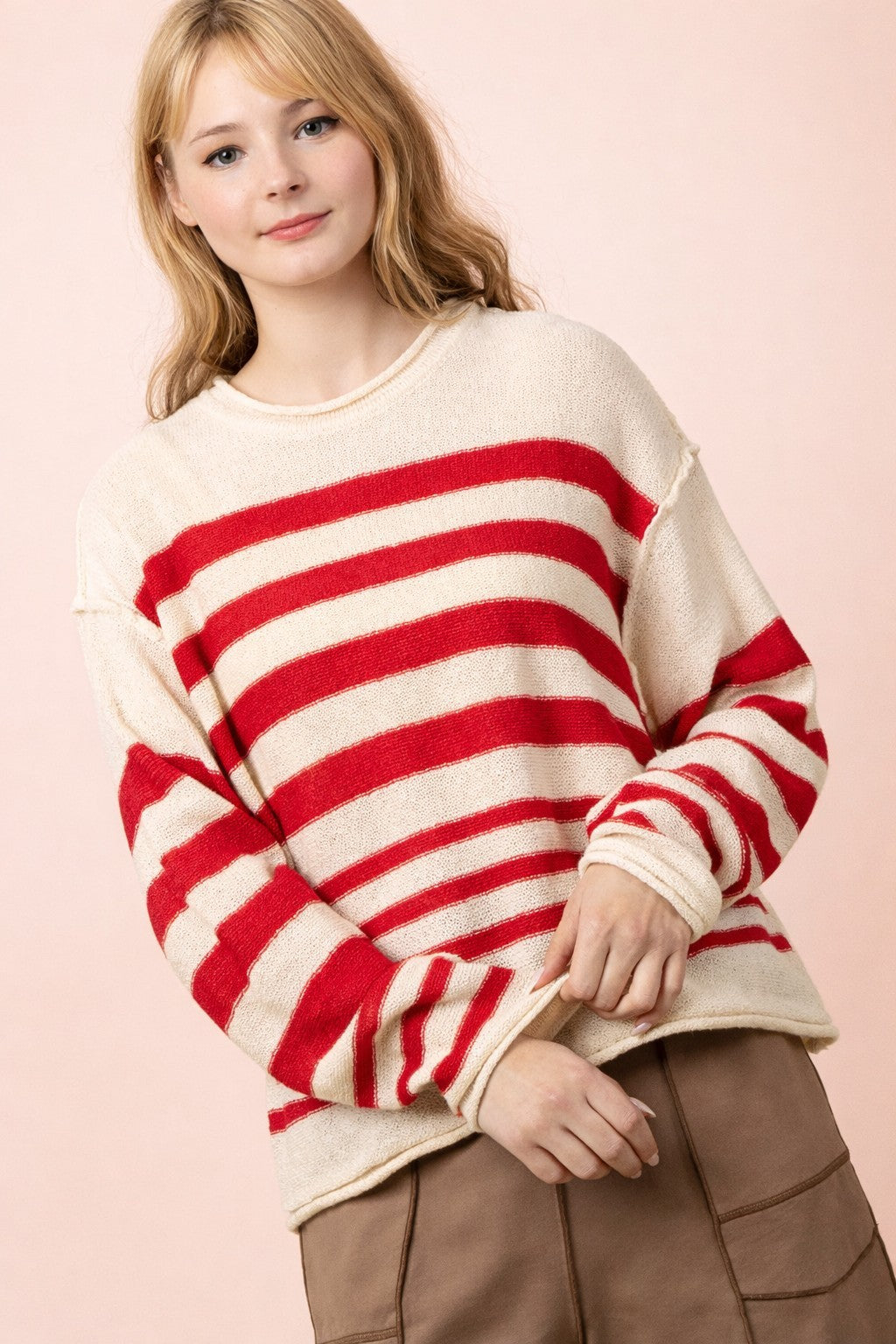 Striped Knit Summer Sweater - Red