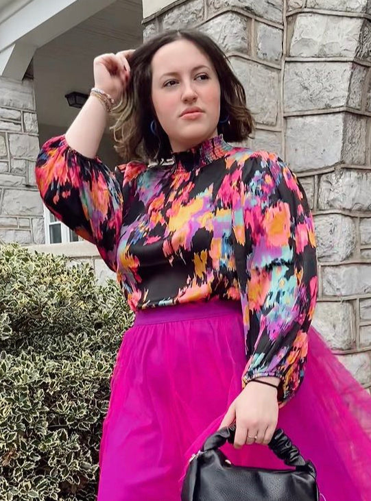 Smocked Neck Color Blotted Top
