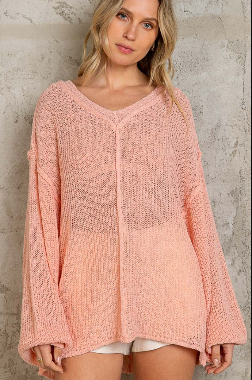 Balloon Sleeve Thin Knit Sweater - Coral Pink