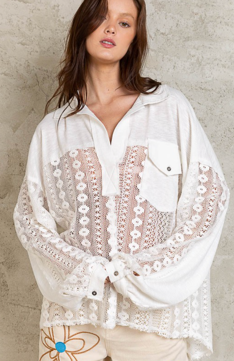 Lace Contrast Shirt - White