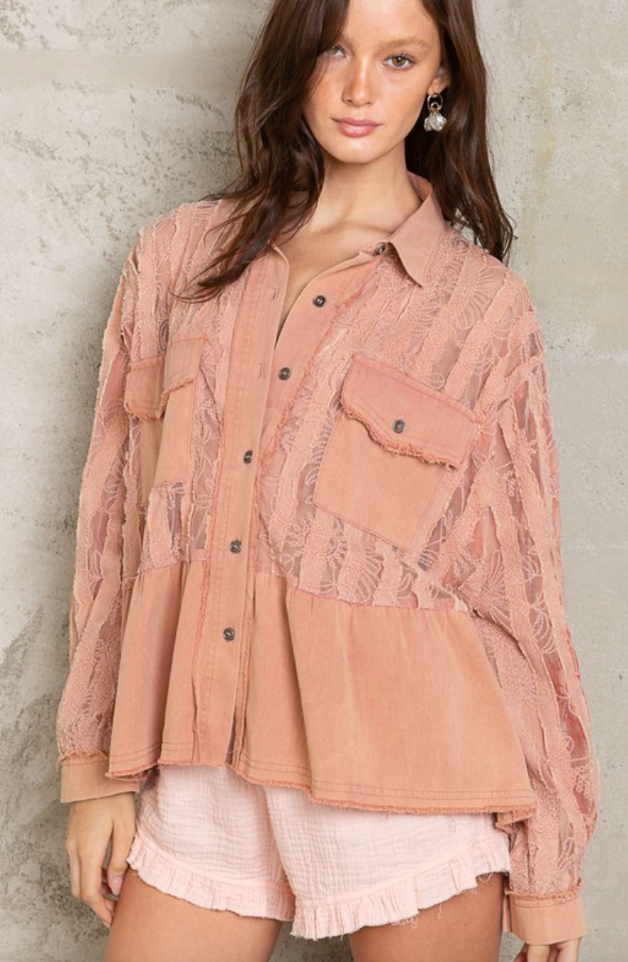 Oversize Lace Pattern Button Down Shacket - Blush Red