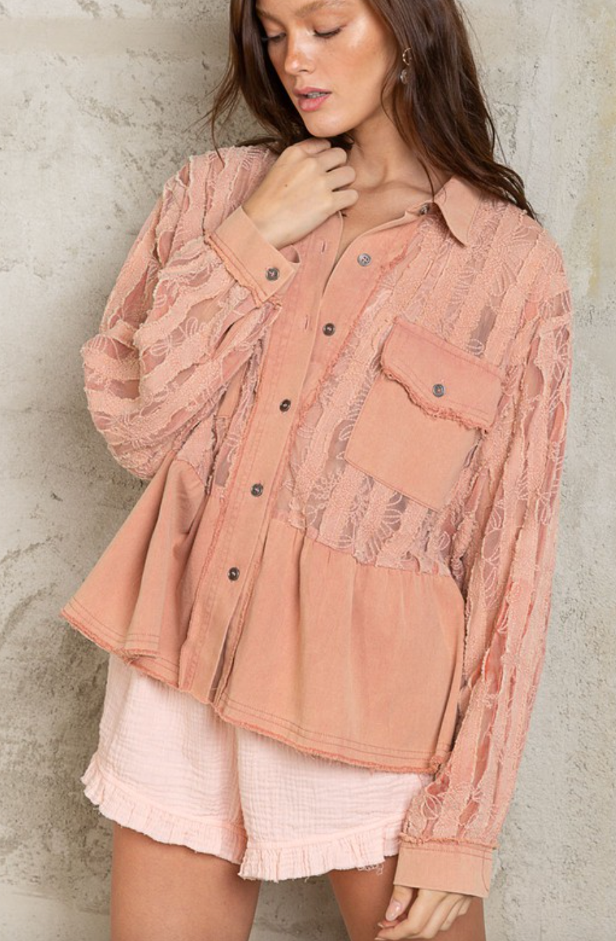 Oversize Lace Pattern Button Down Shacket - Blush Red