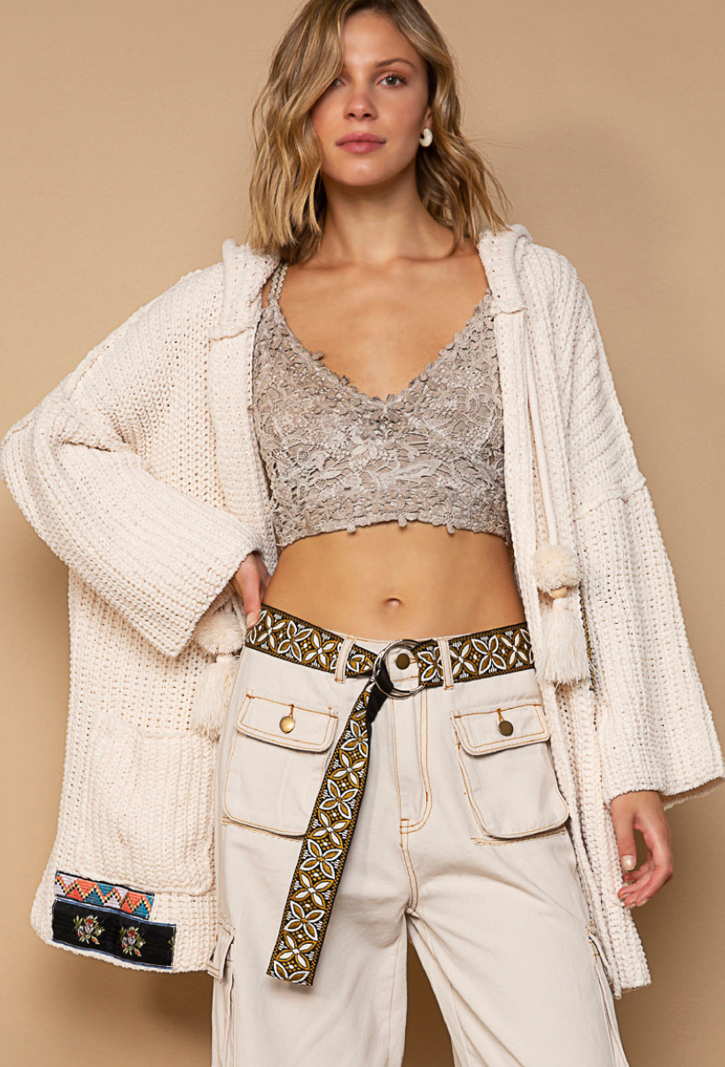 Chenille Cable Knit Cardigan - Powder Beige