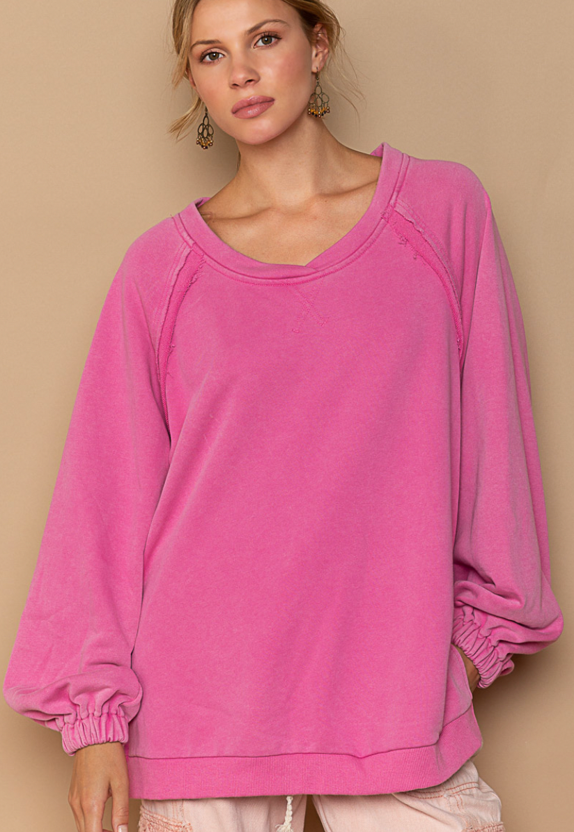 Balloon Sleeve French Terry Sweater - Peony Pink