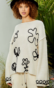 Abstract Floral Pullover Sweater - Cream
