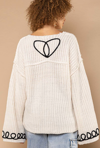 Abstract Floral Pullover Sweater - Cream