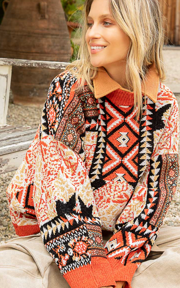 Multi Pattern Chenille Sweater - Orange