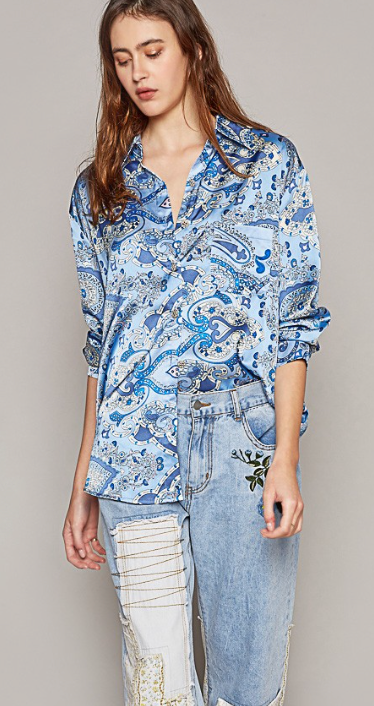 Long sleeve Blue Paisely Print Button Down