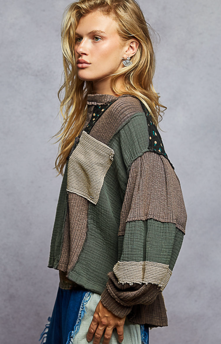 Moss Charcoal Oversized Gauze Top