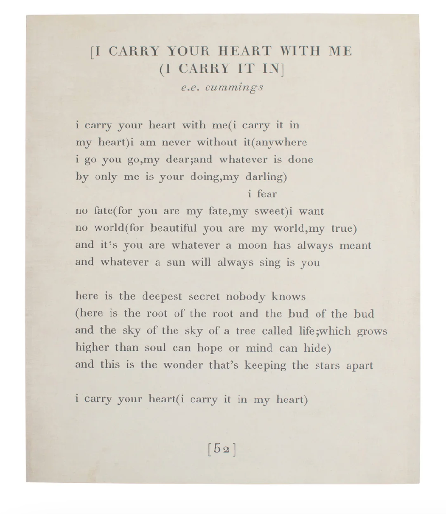 I Carry Your Heart (E.E. Cummings) Book Collection Art Poster - Cream