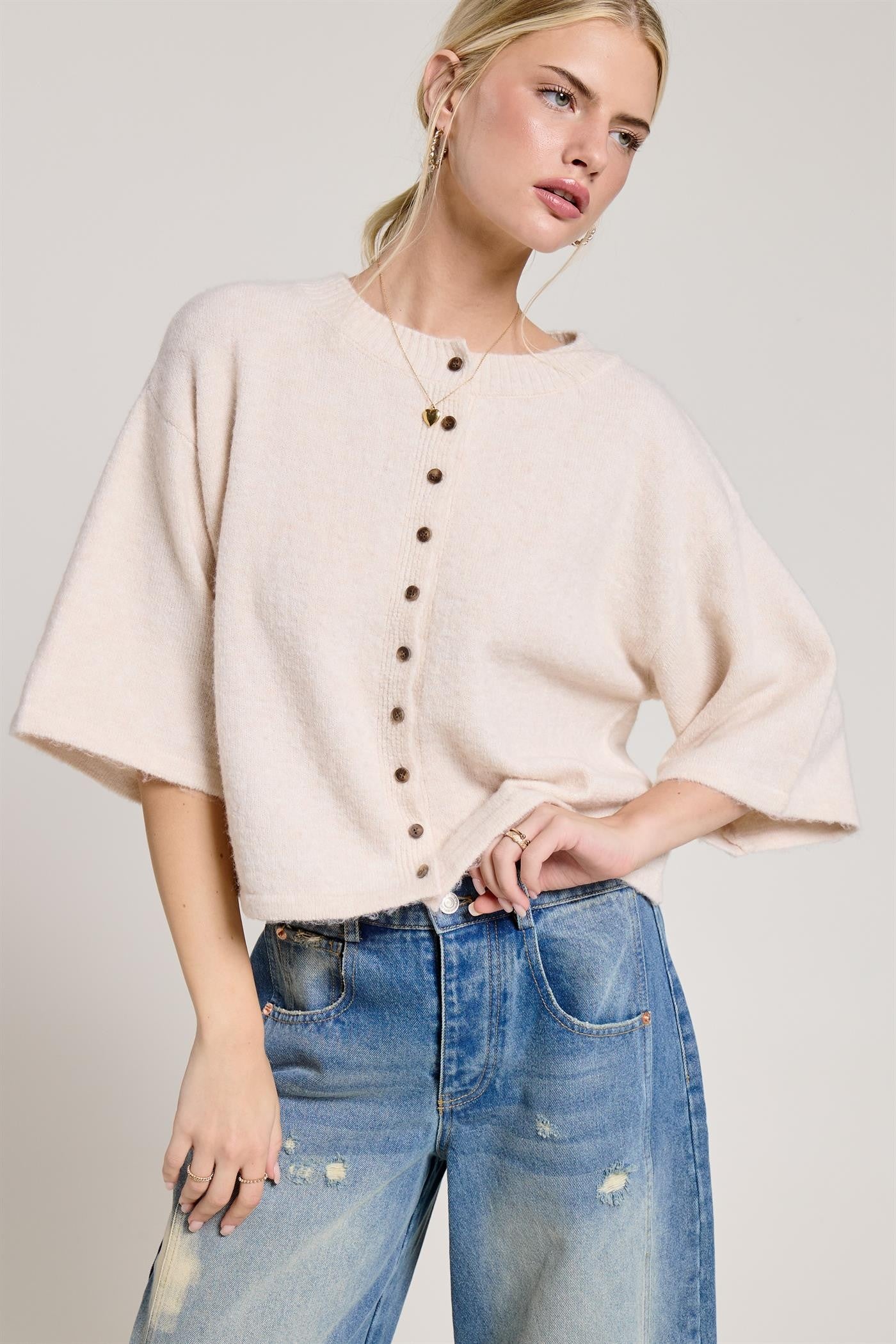Button Front Short Sleeve Knit Cardigan - Beige
