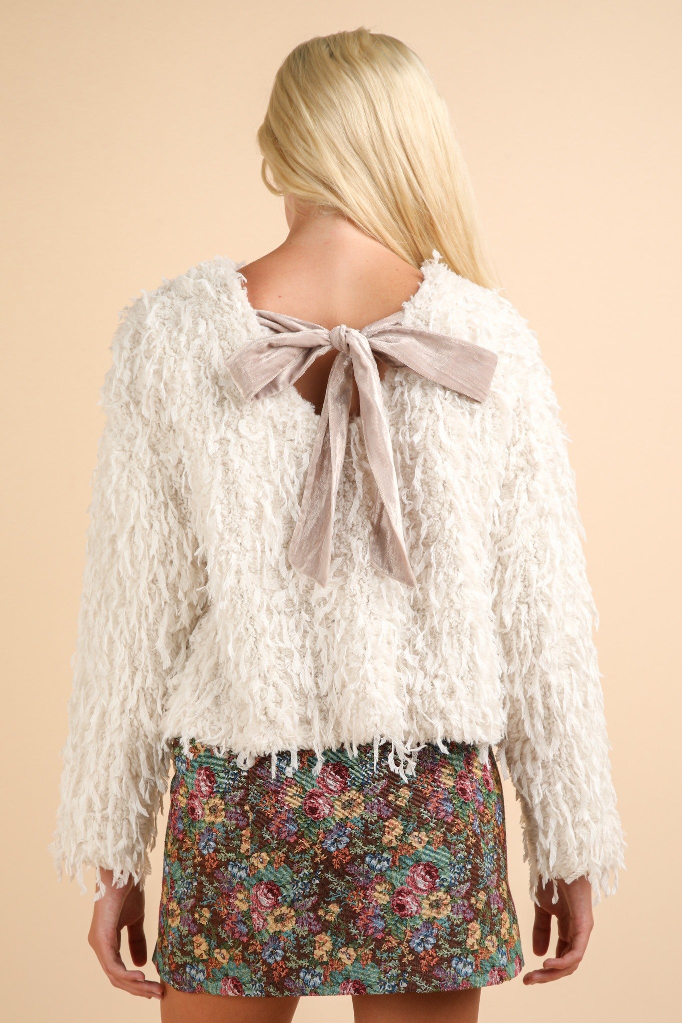 Holiday Fur Knit Top with Back Velvet Ribbon - Ivory