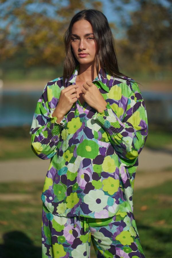 Groovy Floral Collared Blouse - Lime