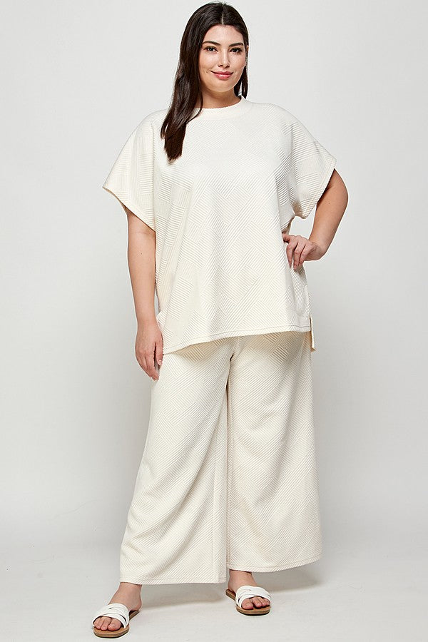 Geo Ribbed Cropped Wide Pants - Creme