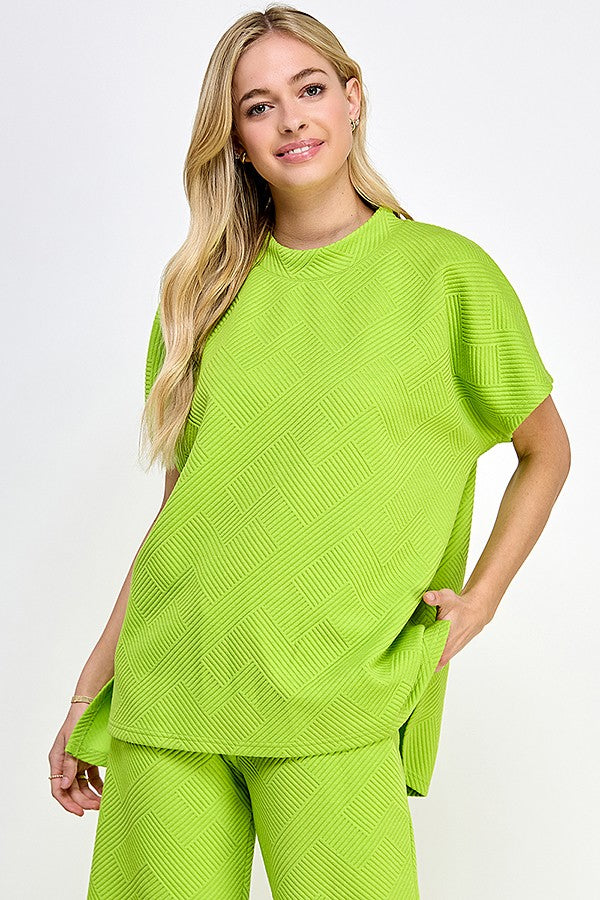 Geo Ribbed Cropped Sleeve Top - Lime