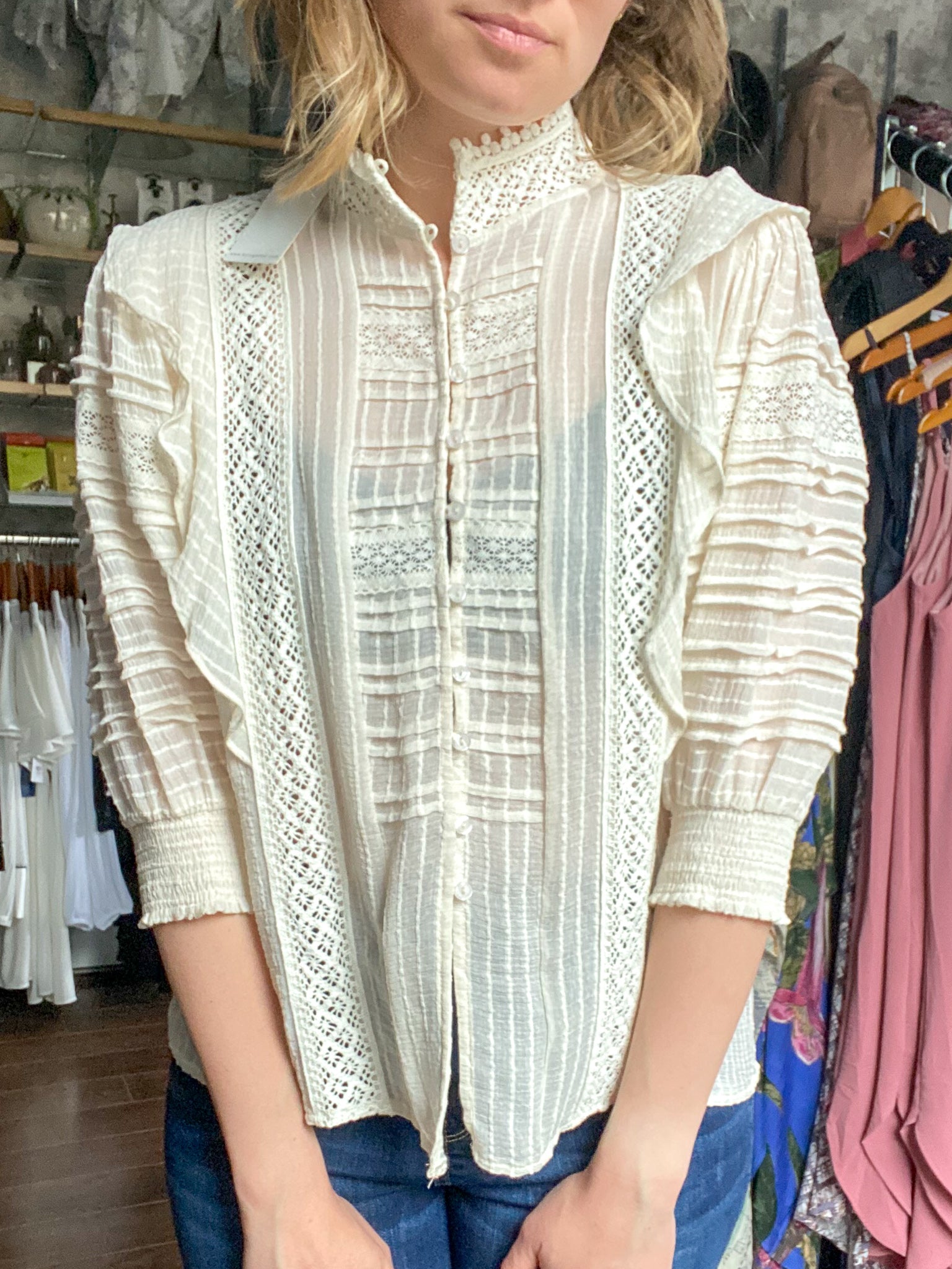 DAMAGED Lace Mock Neck Puff Sleeve Top
