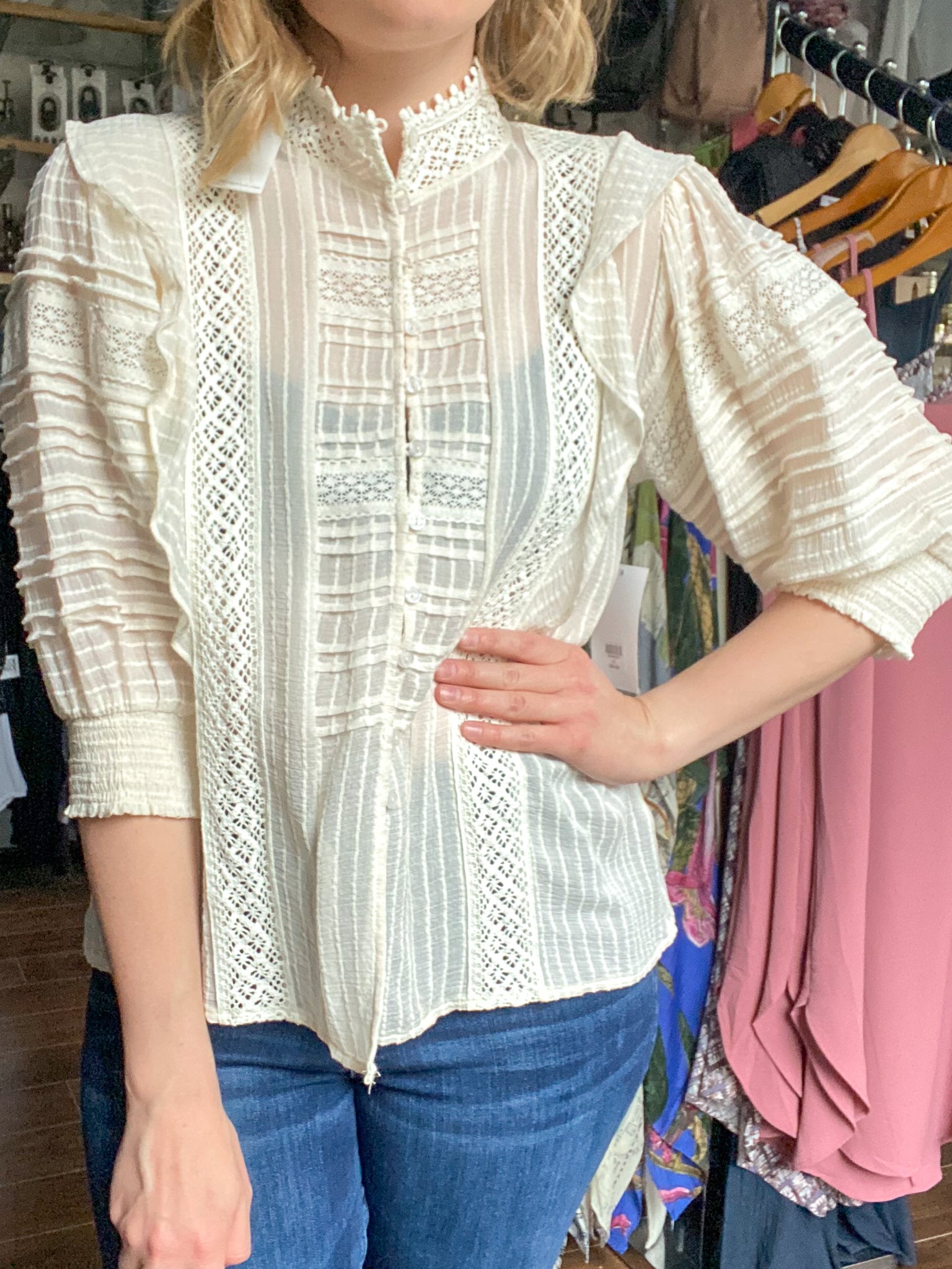 DAMAGED Lace Mock Neck Puff Sleeve Top